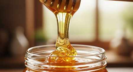 Honey dripping from a wooden honey dipper into a glass jarの素材