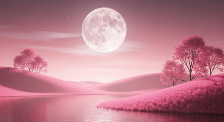 Lonely tree on the hillside at night with full moonの素材