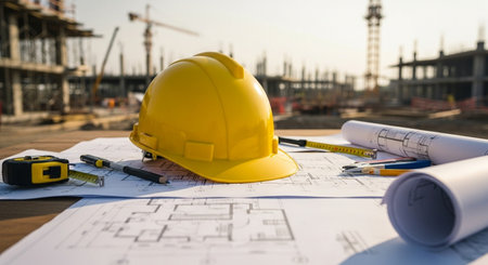 Architectural project with yellow helmet and blueprints at construction siteの素材