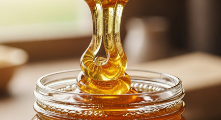 Honey dripping from a wooden honey dipper into a glass jarの素材