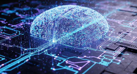 3D rendering of artificial intelligence concept with human brain and circuit boardの素材