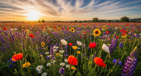 Sunset in a field with poppies and wildflowersの写真素材