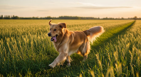 Golden Retriever dog running in the field at sunset. Pet care concept.の写真素材