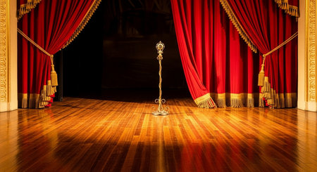 Theater stage with red curtains and a golden pedestal on the floorの写真素材