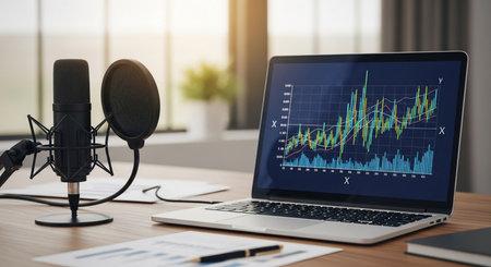 Laptop and microphone on wooden table with financial graph, stock market conceptの写真素材