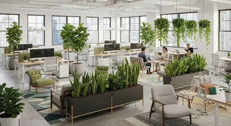 Interior of a modern office with green plants. 3d renderingの写真素材