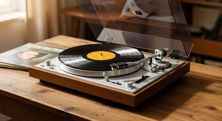 Vintage turntable with vinyl record on wooden table in cafeの写真素材