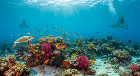 Tropical fish and marine life on a colorful tropical coral reefの写真素材