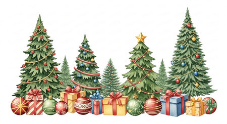 Christmas tree with gift boxes and ornaments. Vector illustration.の写真素材
