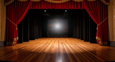 Empty stage with red curtains and spotlights. 3D rendering.の写真素材