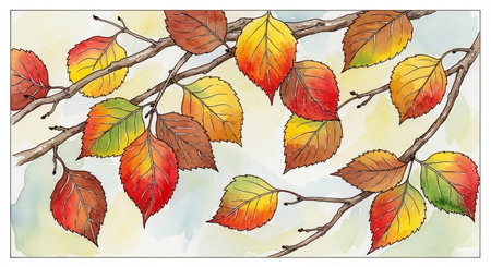 Watercolor illustration of autumn leaves on a branch. Hand-drawn illustration.の写真素材