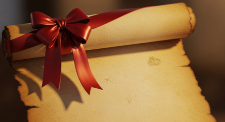 Old paper scroll with a red ribbon and bow on a dark background