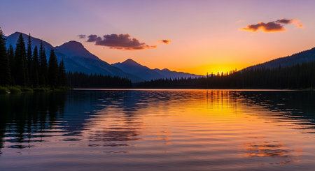 Sunset at Bow Lake in Banff National Park, Alberta, Canadaの写真素材