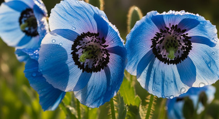 Blue poppy flowers with water drops on green grass background. Close up.の写真素材
