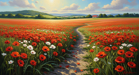 Poppies field with red house and blue sky in the backgroundの写真素材