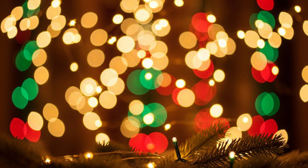 Christmas tree and lights bokeh background. Christmas and New Year concept.の写真素材
