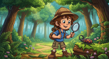 Illustration of a boy exploring the forest with a magnifying glassの写真素材