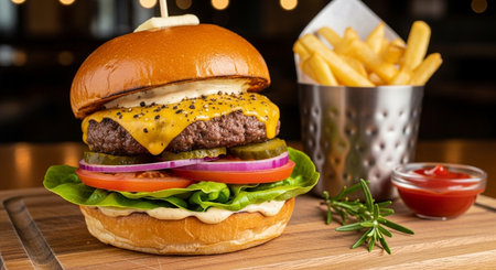 Cheese burger - American cheese burger with Golden French fries and fresh saladの写真素材