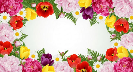 Spring flowers background with tulips, daffodils and chrysanthemumsの写真素材