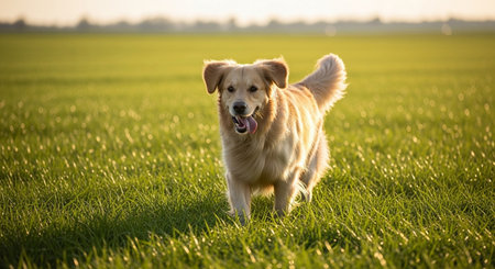 Golden Retriever dog running on the green meadow at sunsetの写真素材