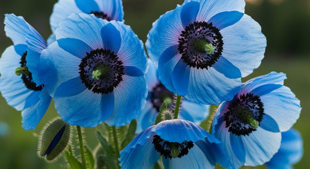Beautiful blue anemone flowers close-up in the gardenの写真素材