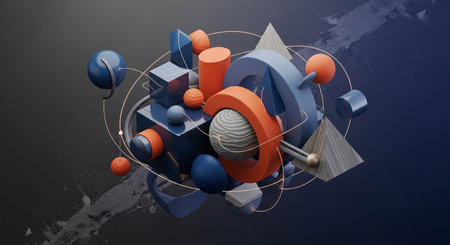 3d illustration of abstract geometric composition in blue and orange colors over dark backgroundの写真素材