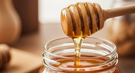 Honey dripping from a wooden honey dipper into a glass jarの写真素材