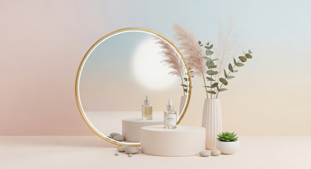 3d render of minimal display podium for cosmetic product presentation with pampas grass and round mirrorの写真素材