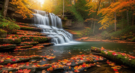 Autumn waterfall in the forest. Beautiful fall landscape with beautiful waterfall.の写真素材