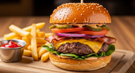 Cheese burger - American cheese burger with Golden French fries on wooden backgroundの写真素材