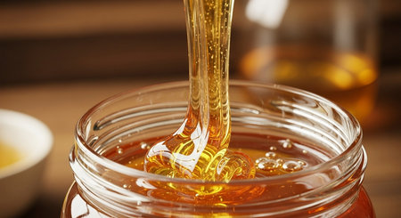 Honey dripping from honey dipper into glass jar, closeupの写真素材