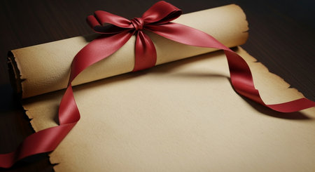Old paper scroll with red ribbon and bow on dark wooden background.の写真素材