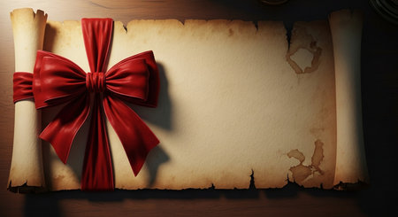 Old paper scroll with red bow on wooden background. 3d illustrationの写真素材