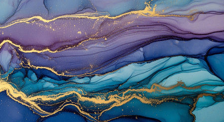 Marbled blue abstract background with golden sequins. Liquid marble ink patternの写真素材