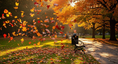 Autumn park with fallen leaves. Autumn background. Fall season.の写真素材