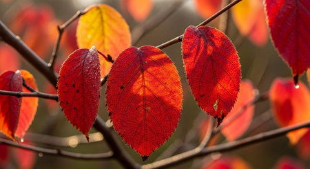 Red leaves on a branch in the autumn forest. Autumn background.の写真素材