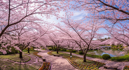 Cherry blossoms in full bloom in the park, Tokyo, Japan