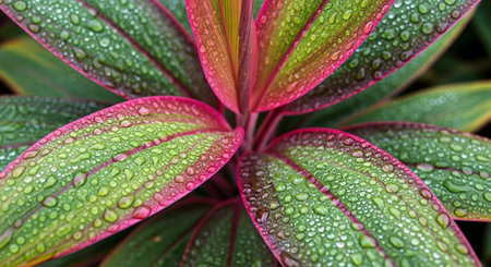 Water drops on the leaves of ornamental plants in the garden.の写真素材