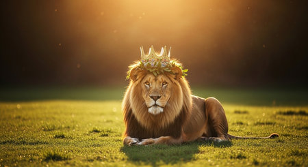 Lion king with crown on head lying on green grass at sunsetの写真素材
