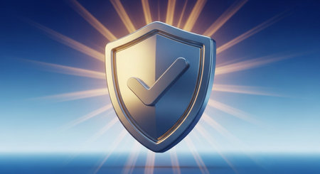 Shield with check mark. 3d illustration. Blue background. Security concept.の写真素材
