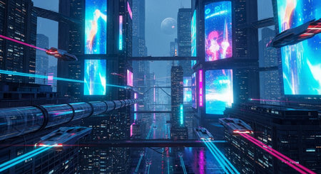 3D rendering of futuristic city with neon lights in the background.の写真素材