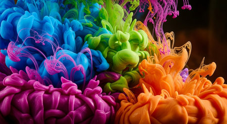 Colorful paint splashes isolated on black background. Abstract background.の写真素材