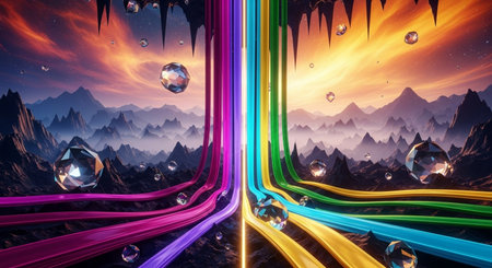 Fantasy landscape with mountains and high-speed road. 3d renderingの写真素材