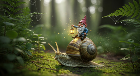 Garden gnome with a lantern and a snail in the forestの写真素材