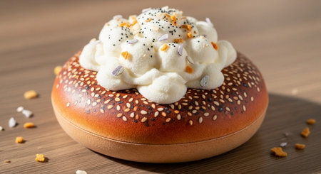 Bagel with whipped cream and sesame seeds on wooden backgroundの写真素材