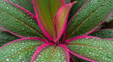Close-up of beautiful green leaves with dew drops in the gardenの写真素材