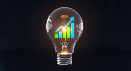 Glass lightbulb with graph inside on dark background. 3D renderingの写真素材