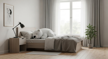 3d rendering of bedroom interior design. Bedroom in scandinavian style.