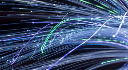 optical fibres dinamic flying from the deep on technology backgroundの写真素材
