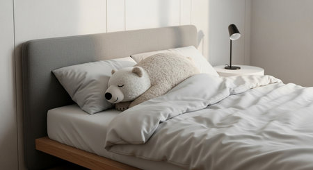 Teddy bear sleeping on bed in modern bedroom. 3d renderingの写真素材